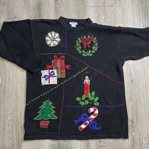 Ship N Shore Sport Vintage Christmas Sweater Womens XL Knit Crewneck Beaded